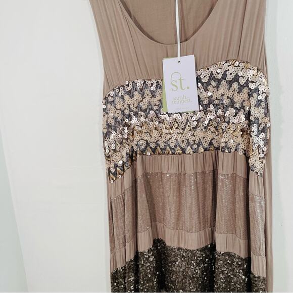 NWT Sarah Tempest Tan Sequin & Ruffle High Low Midi Dress Medium Lagenlook - Picture 5 of 14